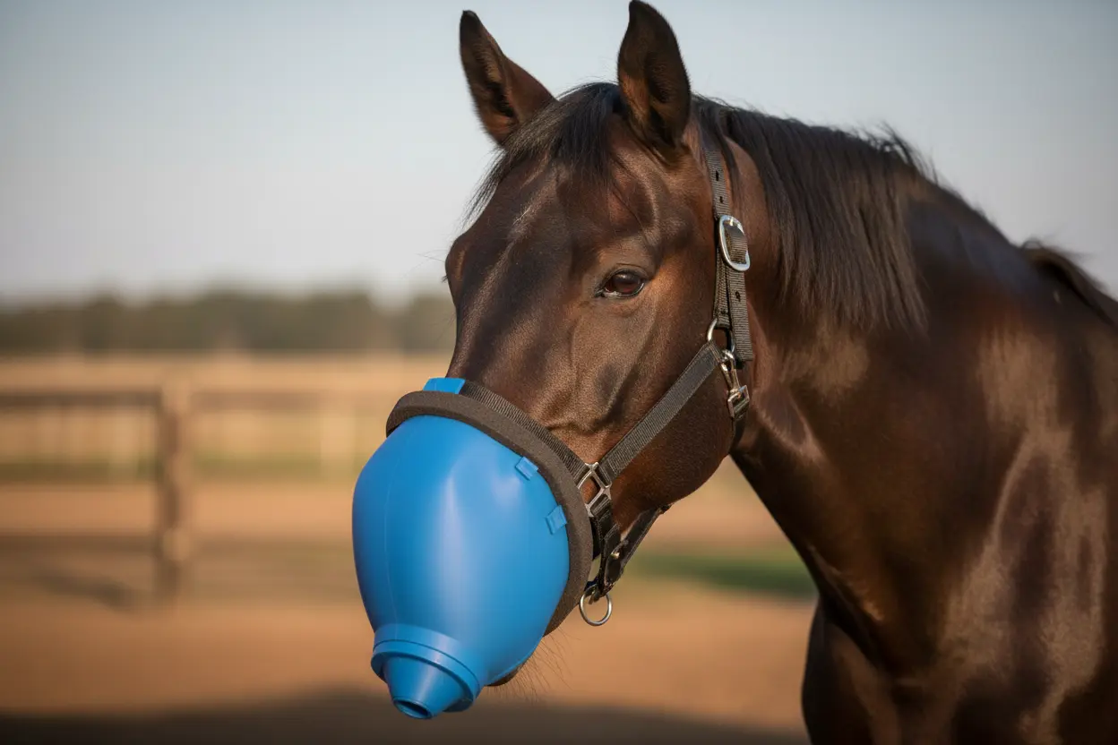 Horse wearing an inhalation mask in a pasture